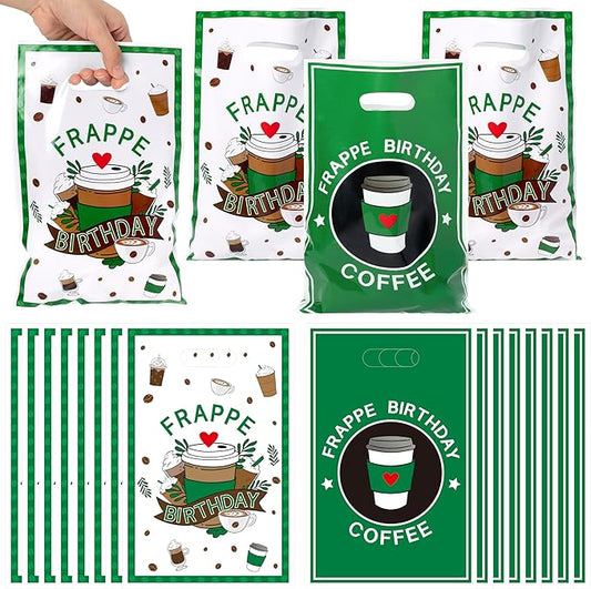 Frappe Coffee Party Favor Bags - 50Pcs Green Frappe Birthday Goody Candy Treat Gifts Bags, Coffee Themed Party Decorations for Kids Birthday Cafe Pastry Afternoon Tea Events Supplies