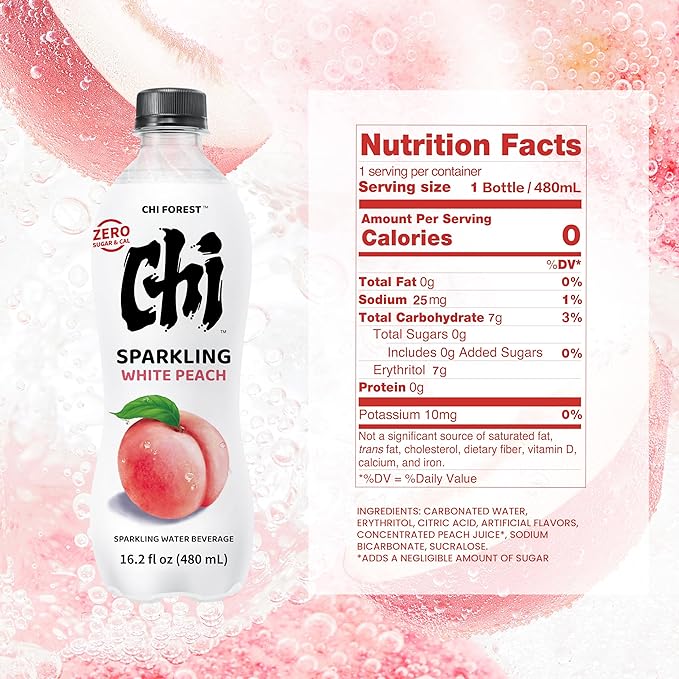 CHI FOREST Flavored Sparkling Water Beverage, White Peach, Zero Sugar, 16.2 fl oz Bottles (pack of 15)