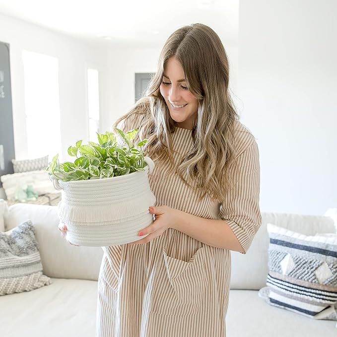 NaturalCozy 3-Piece Decorative Storage Basket Set – Cotton Rope Woven Baskets for Organizing! Small Storage Bins for Nursery Baby Stuff, Gift, Montessori, Dog Toy Bin, Cat Toys, Bathroom Shelves