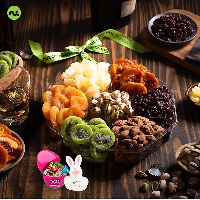 NUT CRAVINGS Gourmet Collection - Easter Treats, Candies & Dried Fruit Nuts Gift Basket with Happy Easter Ribbon, Candy Filled Egg + Bunny (7 Piece Assortment)