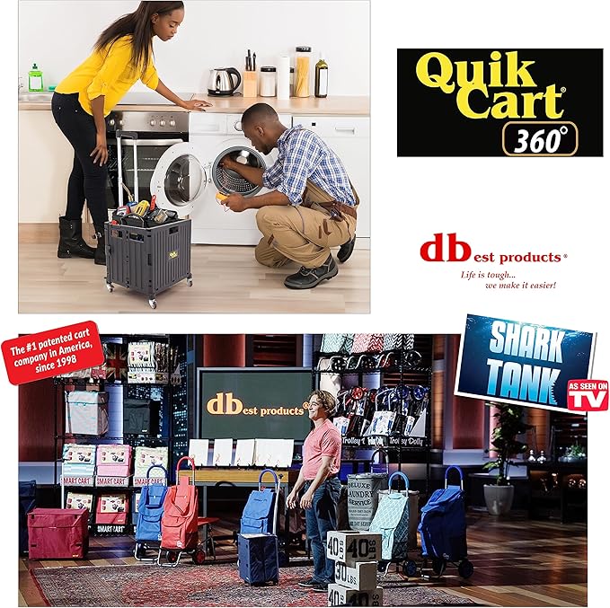 dbest products Quik Cart 360 Four Wheeled Rolling Crate Teacher Utility with seat Heavy Duty Collapsible Basket with Handle, Black