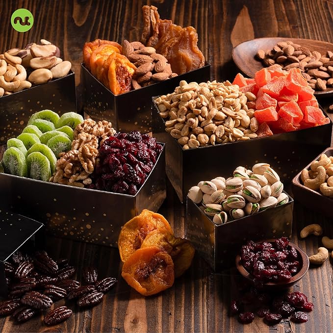 NUT CRAVINGS Gourmet Collection - Thinking of You, Nuts & Dried Fruits Tower Gift Basket, with TY Ribbon + Greeting Card (12 Assortments) Food Arrangement, Healthy Snack Care Package, Food Assortments