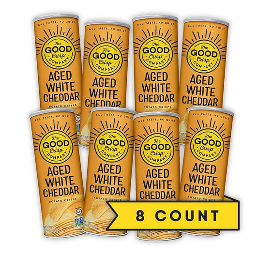 The Good Crisp Company, Aged White Cheddar, Gluten Free Potato Chips (5.6 Ounce Canisters, Pack of 8), Non-GMO, Allergen Friendly, Potato Chip Snack Pack, Gluten Free Snacks