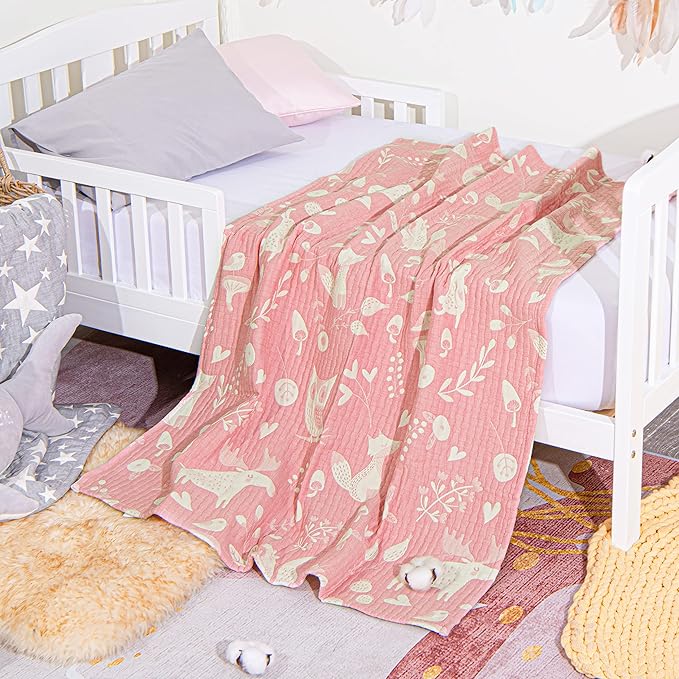 NTBAY 3 Layer Toddler Blanket, Muslin Cotton Jacquard Bed Blankets, Lightweight Thermal Baby Blanket, Super Soft and Warm Crib Blanket for All Seasons, Decoration Gift, 30"x40", Pink Owl