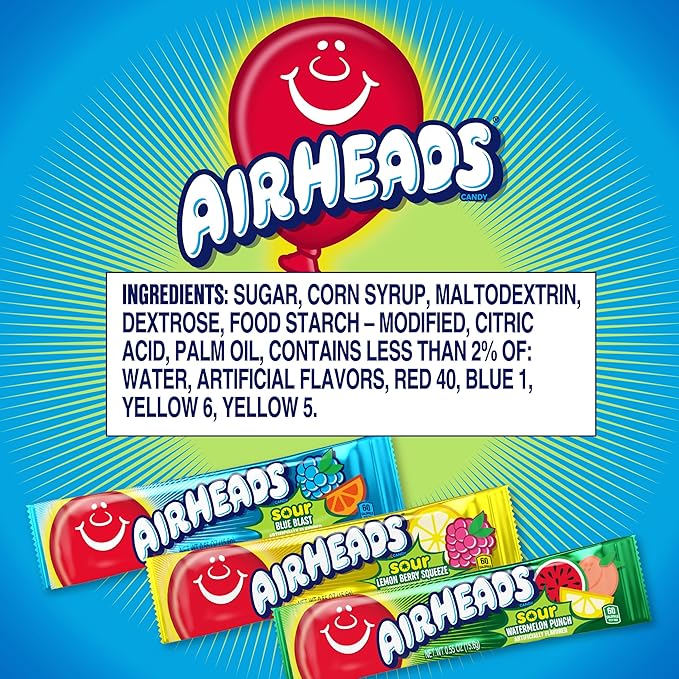 Airheads Sour Full-Sized Halloween Trick or Treat Taffy Candy Bars, Watermelon Punch, Blue Blast & Lemon Berry Squeeze, Individually Wrapped Candy for Adults & Kids, Party Favors, 60 Count