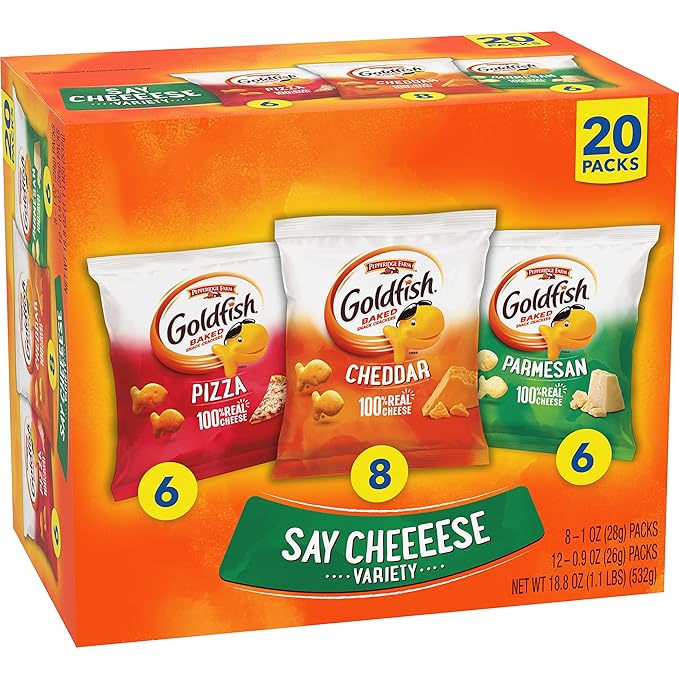 Goldfish Crackers Say Cheeeese Variety Pack with Cheddar, Pizza and Parmesan, Snack Packs, 20 Ct