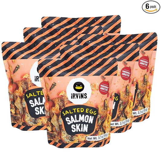 IRVINS Salted Egg Salmon Skin Chips Crisps | Premium Hand Cooked | Halal | High Protein | Keto-Friendly | 3.7 oz (Pack of 6)