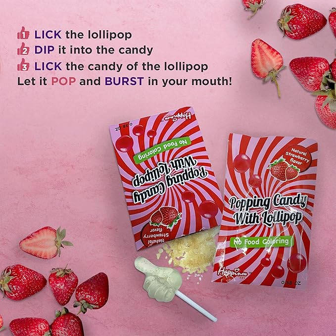 Happiness USA 50 Pack Pop Rock Candy with Dip Lollipops Individually Wrapped | All Natural Dye Free Suckers & Strawberry Candy Rocks No Artificial Colors or Flavors | Non Dairy Birthday Party Favors