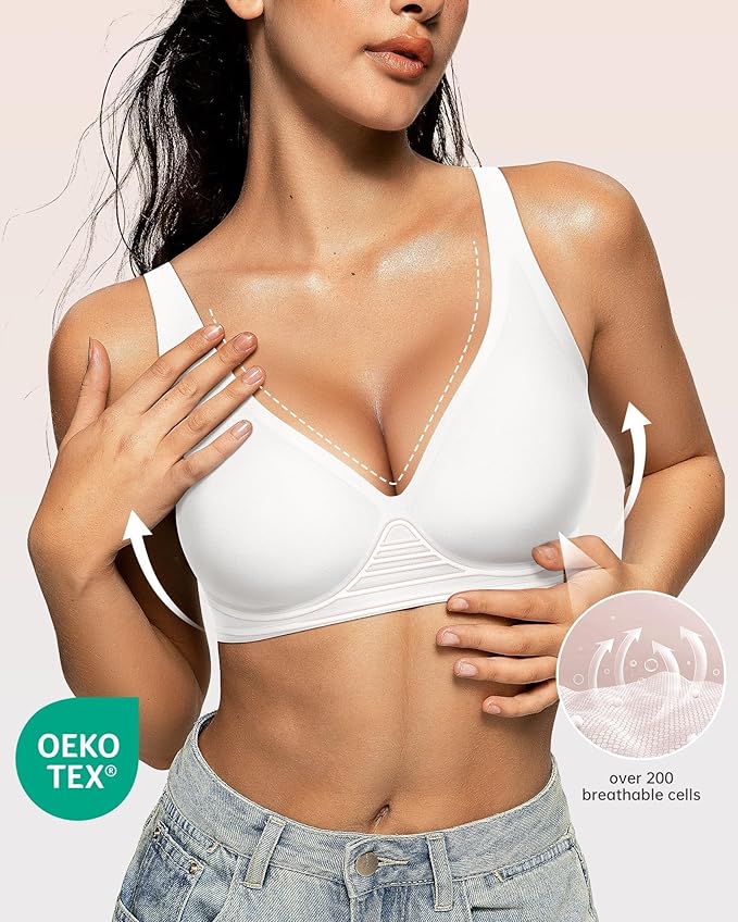 OEAK Womens Deep V Bras Wireless Comfortable Bra Supportive No Underwire Bras Tshirt Push Up Bralettes Plunge Seamless Bra