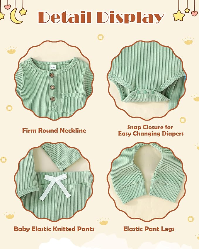 Newborn Baby Boy Girl Clothes Ribbed Knit Cotton Long Sleeve Romper Long Pant Preemie Solid Color Unisex Outfits