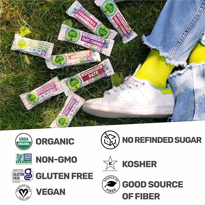 Happy Village Organic Fig & Nut Bars, VARIETY (24 Pack, 1.4 OZ each), Gluten Free, No Refined Sugar, Kosher, Non-GMO, Vegan, Good Source of Fiber, Organic Healthy Snack Bars - 4 bars of Each Flavor