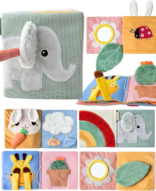 Cute Soft Baby Book with Mirror, Activities, Touch and Feel & Crinkle Pages - Interactive Sensory Cloth Toy for Babies 0-6, 6-12 & 12-18 Months - Adorable Animal Themes for Early Development