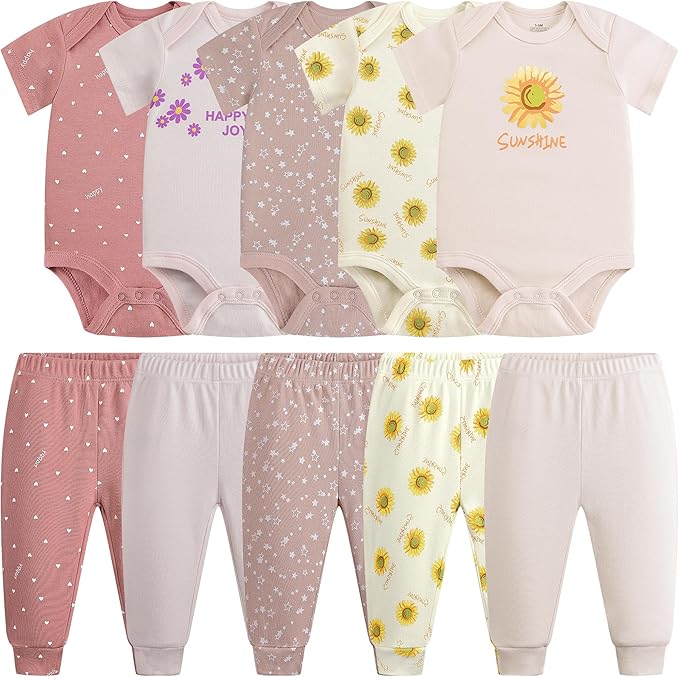 Baby Newborn Layette 10-Piece Sets Cotton Bodysuits Pants Sets for Baby Boys Girls Toddler Unisex Baby Gift Set
