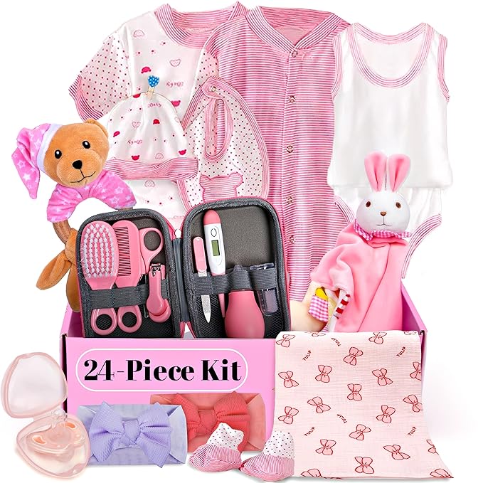 Baby Shower Gift Set, Baby Grooming kit, Baby Clothes, Baby Rattle, Baby Blanket, Swaddle, Pacifier, Gifts for New Baby Girl, Newborn Essentials, Baby Gift Set (Ultimate 24 PC)