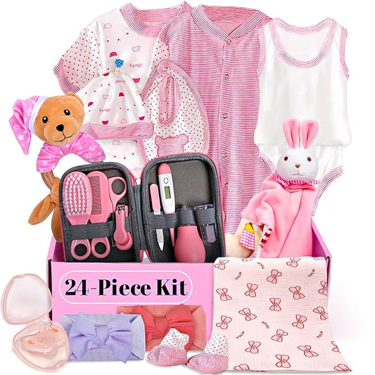 Baby Shower Gift Set, Baby Grooming kit, Baby Clothes, Baby Rattle, Baby Blanket, Swaddle, Pacifier, Gifts for New Baby Girl, Newborn Essentials, Baby Gift Set (Ultimate 24 PC)