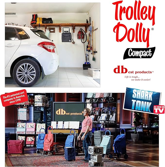 dbest products Trolley Dolly Compact with Pockets – Foldable Grocery Cart on Wheels – Multi Use Rolling Cart with Removable Bag, Storage Pockets, and Hand Truck Dolly Function, Black