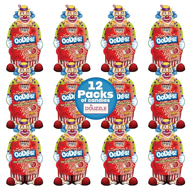 DOUzzle Back To School Oodles Clown Shaped, Cherry Tiny Tangy Chews (12 Count, 1 Pack) Individually Wrapped, Party Favor, Goodie Bag & Pinata Filler - Kosher Parve