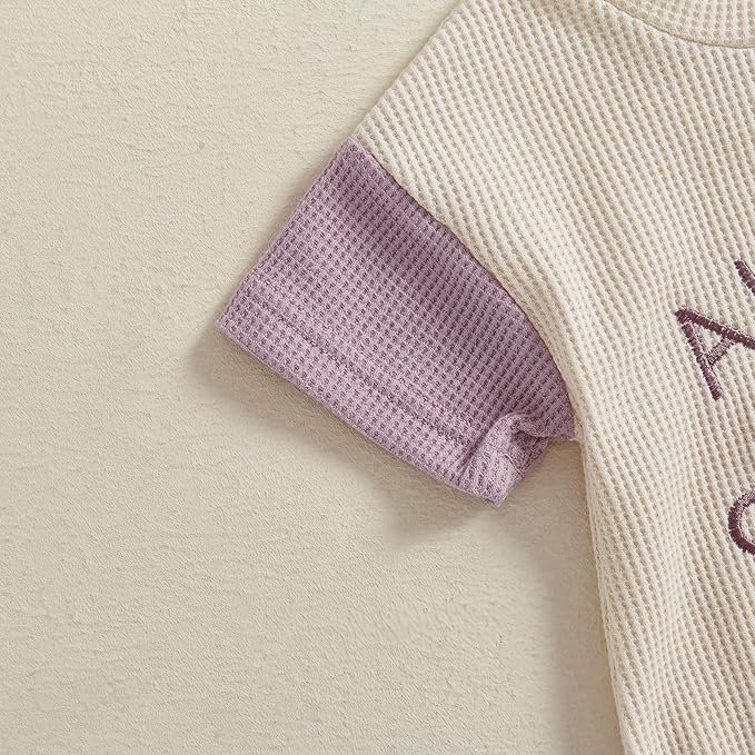 SAYOO Aunties Bestie Baby Girl Clothes Letter Embroidery Waffle Color Block Sweatshirt Bodysuit Fall Bubble Romper Pullover