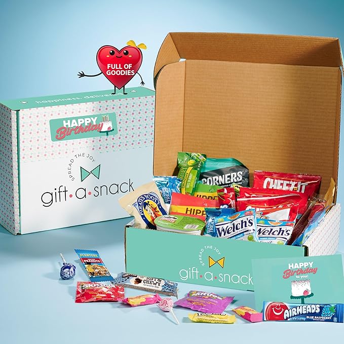 Gift A Snack - Happy Birthday Snack Box Variety Pack Care Package + Greeting Card (45 Count) Bday Sweet Treats Gift Basket, Candies Chips Crackers Bars - Food Assortments Cravy Food Assortments & Variety Gifts