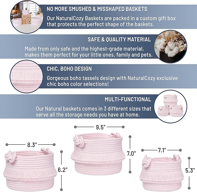 NaturalCozy 3-Piece Decorative Storage Basket Set – Pink Cotton Rope Small Woven Baskets for Organizing for Nursery Baby Stuff, Gift, Vanity, Montessori, Dog Cat Toy Bin, Planter, Bathroom Shelves