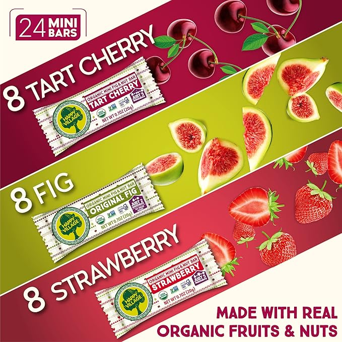 Happy Village Organic Mini Fig & Nut Bars, VARIETY (24 Packs, 0.7 OZ each), No Refined Sugar, Kosher, Non-GMO, Gluten Free, Vegan, Good Source of Fiber Snack Bars (8 Tart Cherry, 8 Fig, 8 Strawberry)