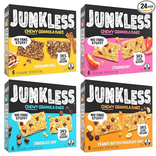 JUNKLESS Chewy Granola Bar 4‑Flavor Variety Pack (24 Bars)–Non‑GMO, Gluten‑Free, Less Sugar Snack Bars— Chocolate Chip, Peanut Butter Chocolate Chip, Cinnamon Roll & Real Strawberry, 4 Boxes