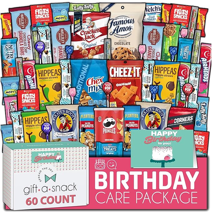 Gift A Snack - Happy Birthday Snack Box Variety Pack Care Package + Greeting Card (60 Count) Bday Sweet Treats Gift Basket, Candies Chips Crackers Bars - Cravy Food Assortments & Variety Gifts