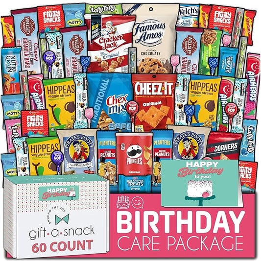 Gift A Snack - Happy Birthday Snack Box Variety Pack Care Package + Greeting Card (60 Count) Bday Sweet Treats Gift Basket, Candies Chips Crackers Bars - Cravy Food Assortments & Variety Gifts
