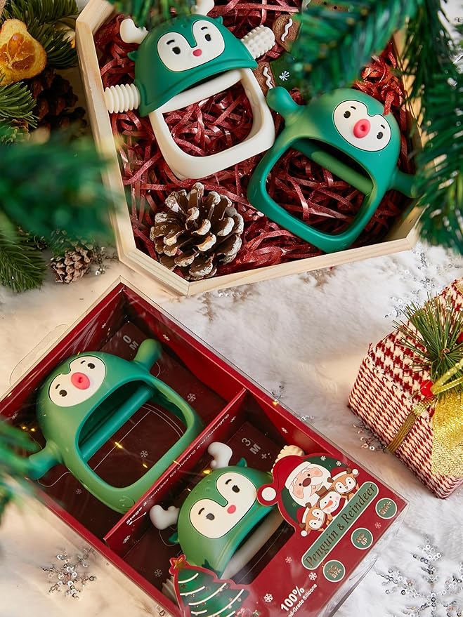 Smily Mia Baby Christmas Stocking Stuffers - Penguin Teether for 0-6M, Reindeer Chew Toys for 3-6M, Teething Mittens for 6-12M, Pine Green