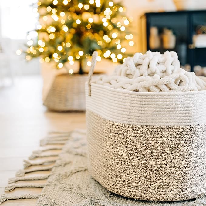 OrganiHaus Woven Laundry Basket, Large Cotton Rope Blanket Holder with Handles, Soft & Sturdy Nursery Hamper, Decorative Toy Bin for Living Room Organization 20x13 inches - Brown/Off-White