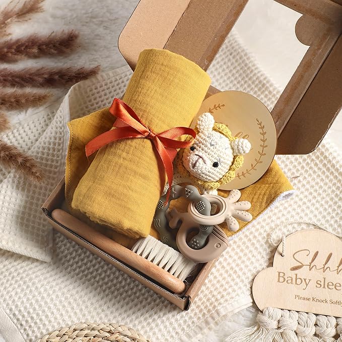 Baby Boy Gift Set New Born Shower Gifts, Baby Essentials Basket Stuffers Baby Bath Set with Muslin Baby Blanket, Teething Toys, Drool Towel, Wood Brush & Rattle, Newborn Welcome Baby Gift Box Set