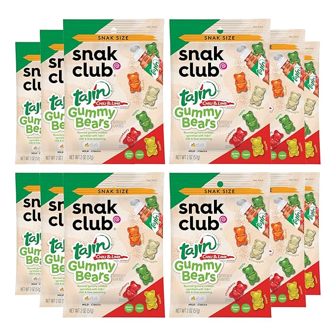 Snak Club Tajin Gummy Bears, Assorted Fruit Candy Gummies with Chili and Lime Seasoning, Mild, Gluten-Free and Vegan Snacks, 2 oz Snack Bags, 12 Pack