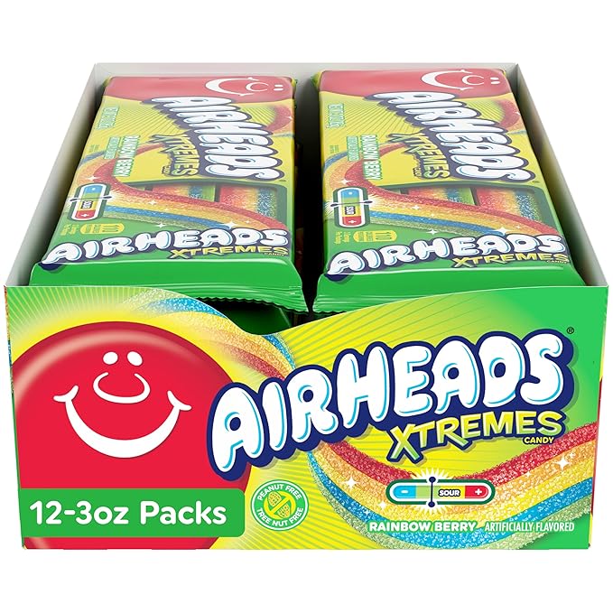 Airheads Xtremes Belts, Rainbow Berry Flavor, Sweetly Sour Candy, Non-Melting, Bulk Movie Theater and Party Bag, 3 Ounce (Pack of 12)