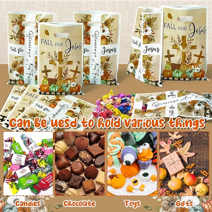 50Pcs Fall for Jesus Christian Religion Party Favor Bags, Fall Thanksgiving Party Gift Bags, Autumn Cross Pumpkin Goody Treat Bags, Fall Themed Party Decoration for Thanksgiving Harvest Party Supplies