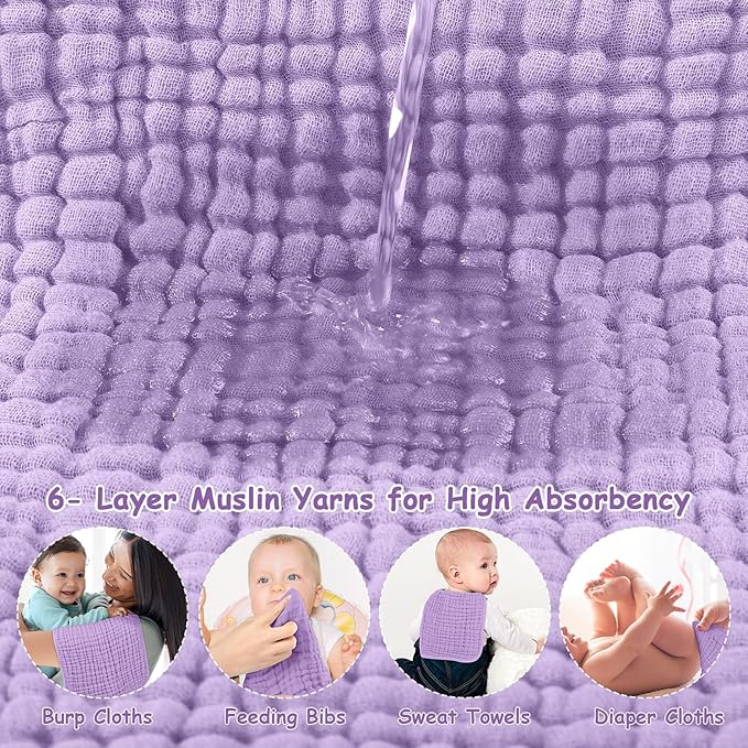 Looxii Muslin Burp Cloths 100% Cotton Muslin Cloths Large 20''x10'' Extra Soft and Absorbent 6 Pack Baby Burping Cloth for Boys and Girls (Purple)