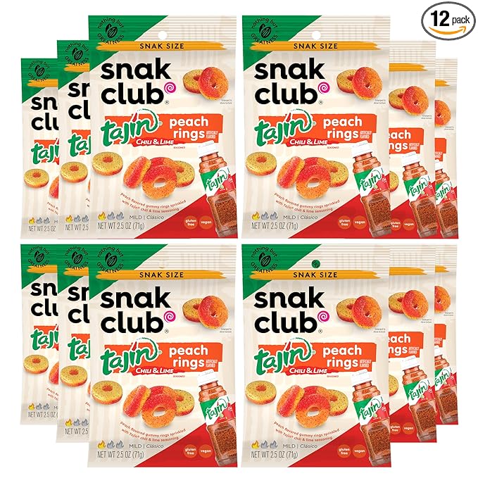 Snak Club Tajin Peach Rings Gummy Candy, Fruit Candy Gummies with Chili and Lime Seasoning, Mild, Gluten-Free and Vegan Snacks, 2.5 oz Snack Bags, 12 Pack