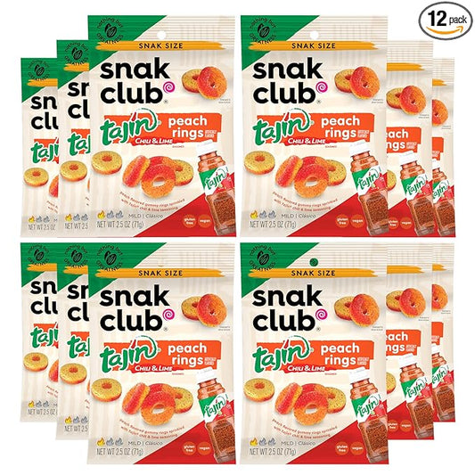 Snak Club Tajin Peach Rings Gummy Candy, Fruit Candy Gummies with Chili and Lime Seasoning, Mild, Gluten-Free and Vegan Snacks, 2.5 oz Snack Bags, 12 Pack