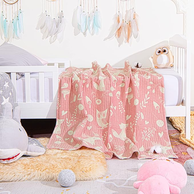NTBAY 3 Layer Toddler Blanket, Muslin Cotton Jacquard Bed Blankets, Lightweight Thermal Baby Blanket, Super Soft and Warm Crib Blanket for All Seasons, Decoration Gift, 45"x60", Pink Owl