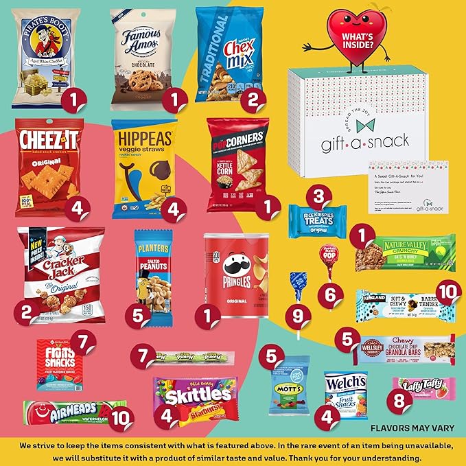 Gift A Snack - Back to School/Off to College Snack Box Variety Pack Care Package + Greeting Card (100 Count) Birthday Sweet Treats Gift Basket, Candies Chips Crackers Bars, Office Food Assortments