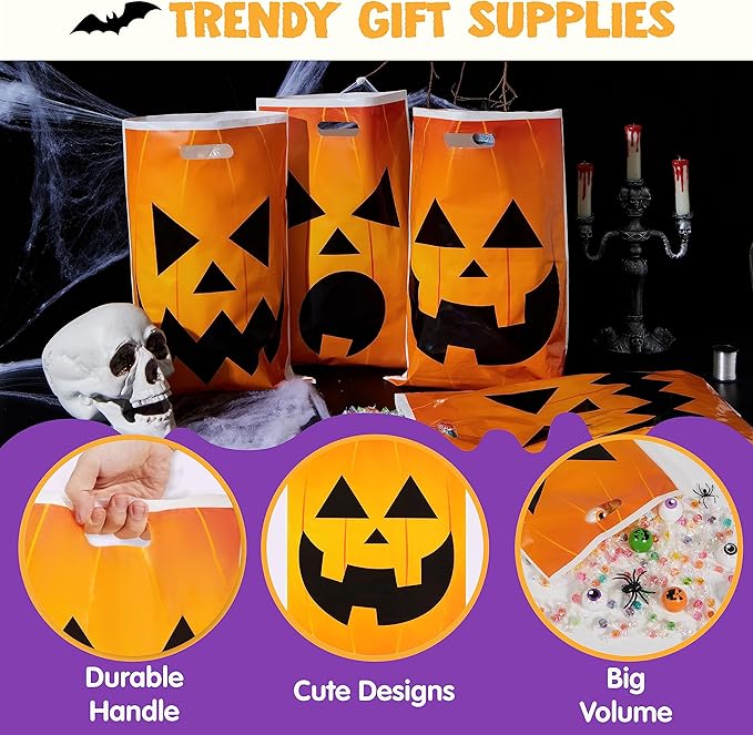 JOYIN 72 Pcs Halloween Goodie Bag, Pumpkin Plastic Candy Bags for Kids trick or treating, Halloween Jack o' Lantern Trick or Treat Bags for Snacks Party Favors, Treats Party Supplies