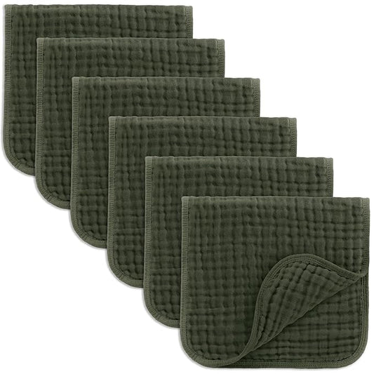 Comfy Cubs Muslin Burp Cloths 20" x 10", Pack of 6 - Large, 6-Layer, Ultra Absorbent 100% Cotton for Baby Drool and Messes - Soft, Safe & Gentle Baby Burp Cloths Set for Boys & Girls - Kelp