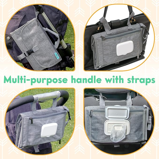 Kopi Baby Portable Diaper Changing Pad - Baby Diaper Changer Travel Bag with Wipes Pocket, Smart Design Portable Changing Mat, Infant Travel Station Kit, Gift for Newborn Girl & Boy - Grey, Premium