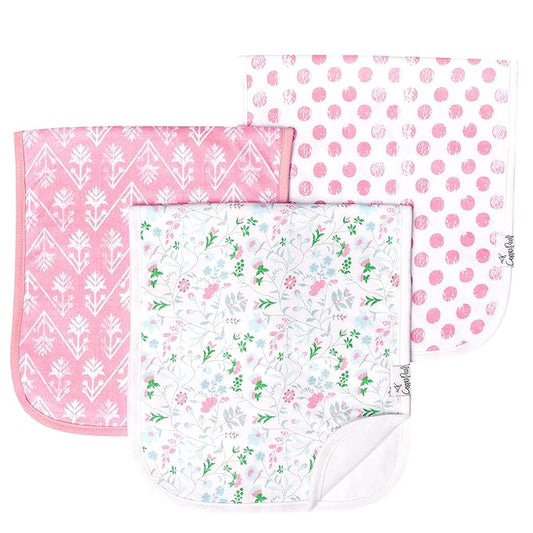 Copper Pearl Premium Baby Burp Cloths - 3-Pack Large Cotton Burp Cloths, Extra Soft Spit Up Rags with 3 Absorbent Layers, Perfect for Baby Girl Gifts (21" x 10" Size, Claire Set)