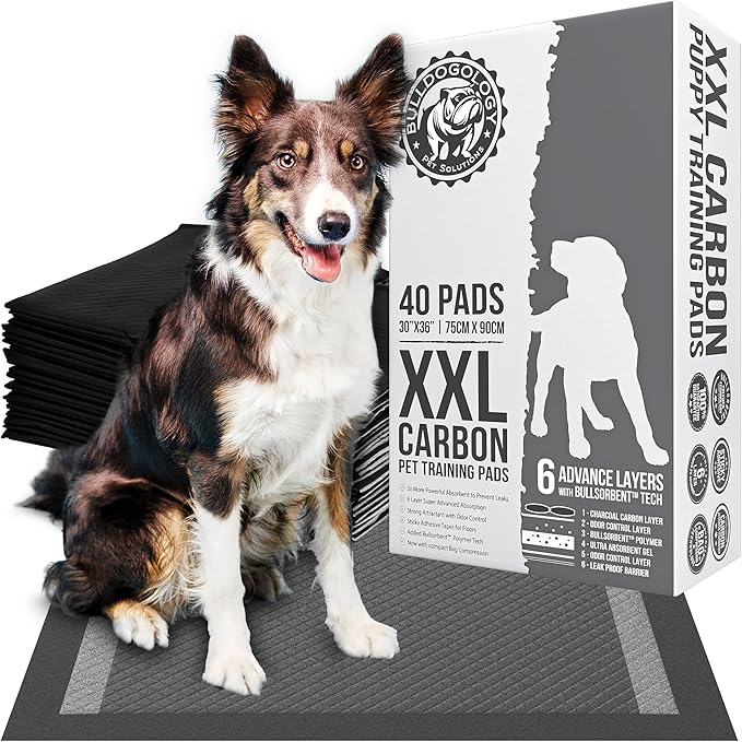 Bulldogology Charcoal XXL Pee Pads for Dogs (30x36) Puppy Pee Pads with Adhesive Sticky Tape - Leak Proof Charcoal Puppy Pads - Ultra Absorbing Charcoal Dog Pads - Activated Carbon Pee Pads (40-Count)