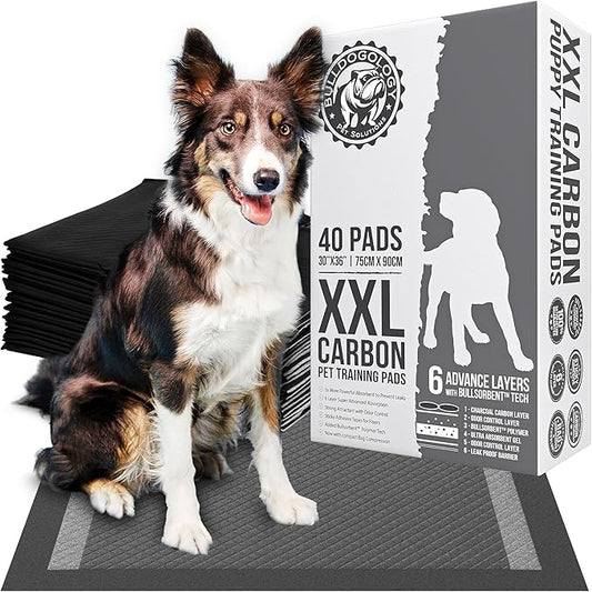 Bulldogology Charcoal XXL Pee Pads for Dogs (30x36) Puppy Pee Pads with Adhesive Sticky Tape - Leak Proof Charcoal Puppy Pads - Ultra Absorbing Charcoal Dog Pads - Activated Carbon Pee Pads (40-Count)