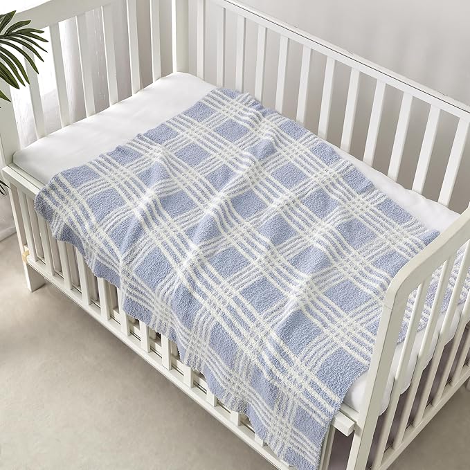 CREVENT 30"X40" Cozy Soft Warm Knitted Baby Blanket for Girls Boys, Newborn Essentials for Infant, Baby Shower Receiving Gift - Line Checked Blue 75X100cm
