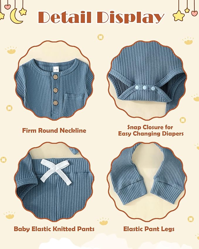 Newborn Baby Boy Girl Clothes Ribbed Knit Cotton Long Sleeve Romper Long Pant Preemie Solid Color Unisex Outfits