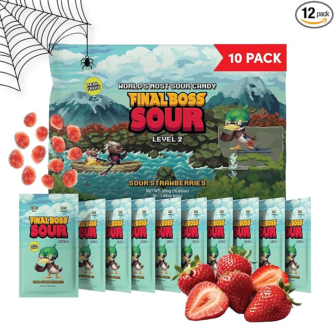 Final Boss Sour Candy, Sour Strawberries, 10 Pack, Level 2, Fruit Chews with Real Dried Fruit, No Artificial Colors or Flavors, Low Calorie Snack for Kids, Teens, Adults, Lunch Boxes & On The Go