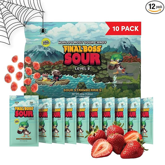 Final Boss Sour Candy, Sour Strawberries, 10 Pack, Level 2, Fruit Chews with Real Dried Fruit, No Artificial Colors or Flavors, Low Calorie Snack for Kids, Teens, Adults, Lunch Boxes & On The Go