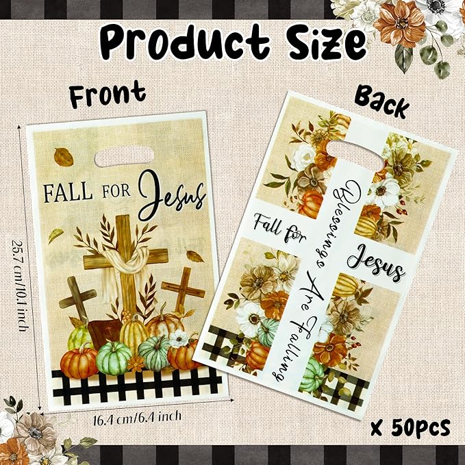 50Pcs Fall for Jesus Christian Religion Party Favor Bags, Fall Thanksgiving Party Gift Bags, Autumn Cross Pumpkin Goody Treat Bags, Fall Themed Party Decoration for Thanksgiving Harvest Party Supplies